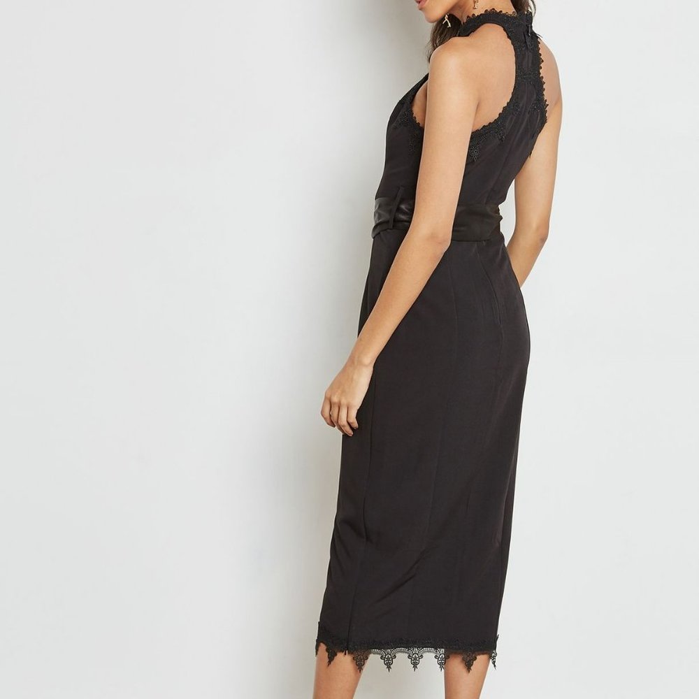 Lumiere Black Lace-Trim Halter Midi Dress with Satin Waist Tie - Picture 2 of 4